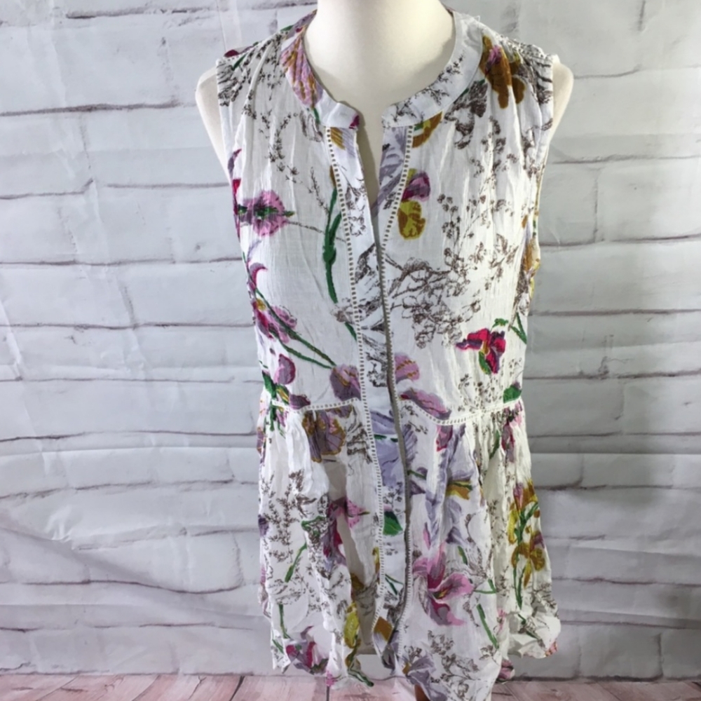Anthropologie White Floral Sleeveless Tank Top with Pink, Green & Yellow Accents
